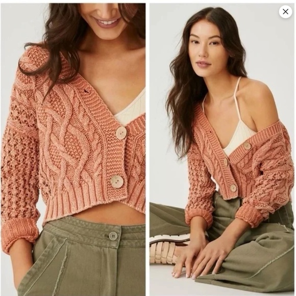 Anthropologie Pilcro Cropped Chunky Cardigan XS Pumpkin Fisherman Cable Knit Y2K - Picture 1 of 12